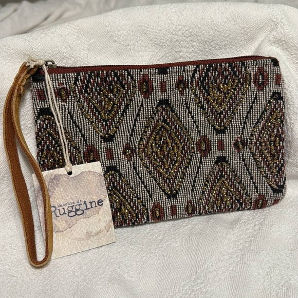 Handmade Macchia Di Ruggine Hand Beaded Clutch Ethnic Aztec Design Pouch Bag NWT - Picture 2 of 4